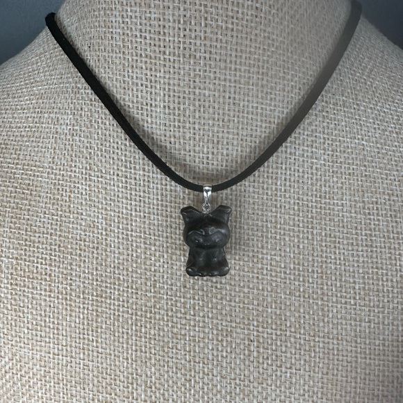 Silver Sheen Obsidian Kuromi Bead Pendant on Silver Bail and Faux Suede - Picture 7 of 9